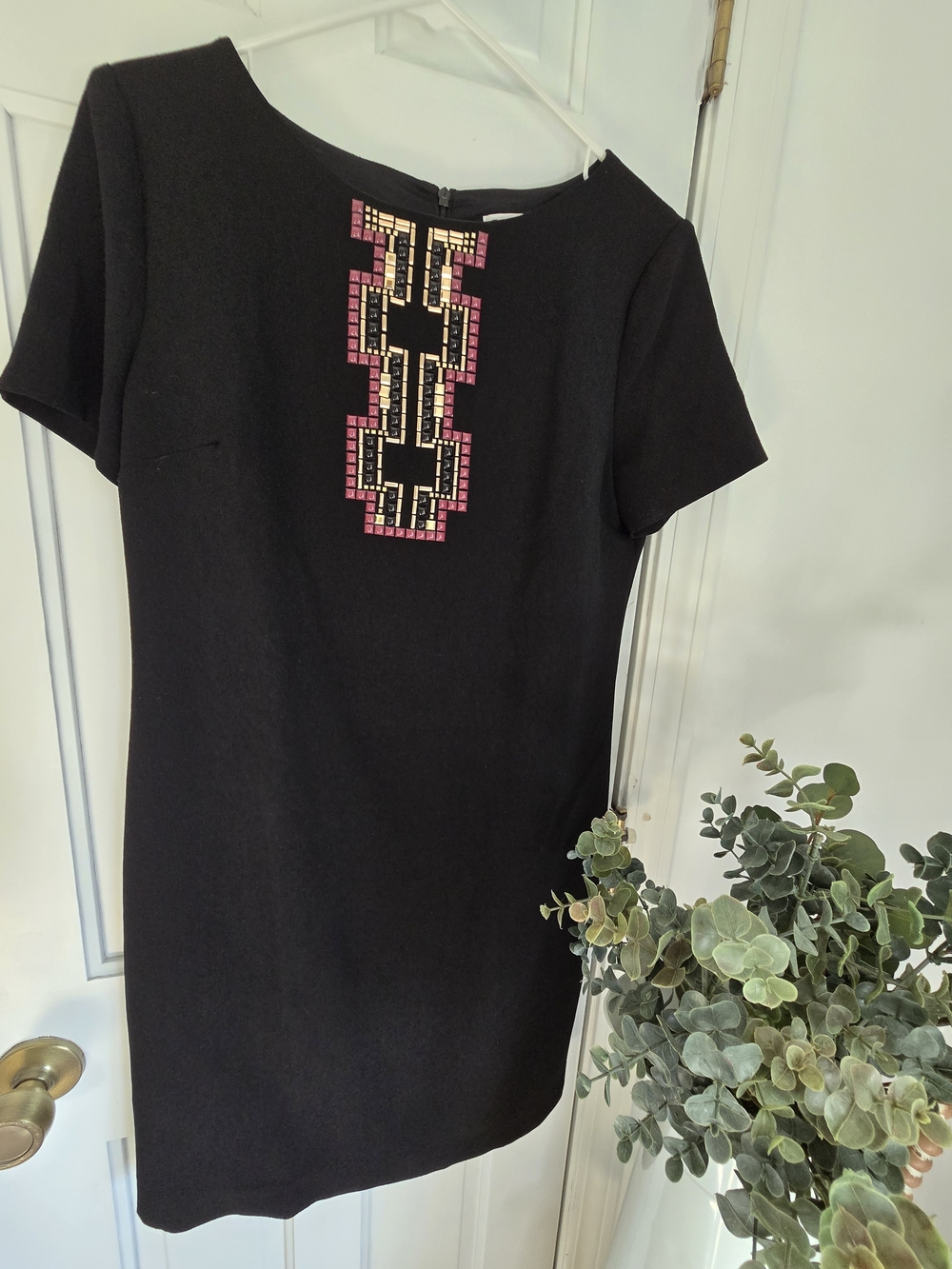 Trina Turk Black Dress with Pink and Gold Geometric Embellishment